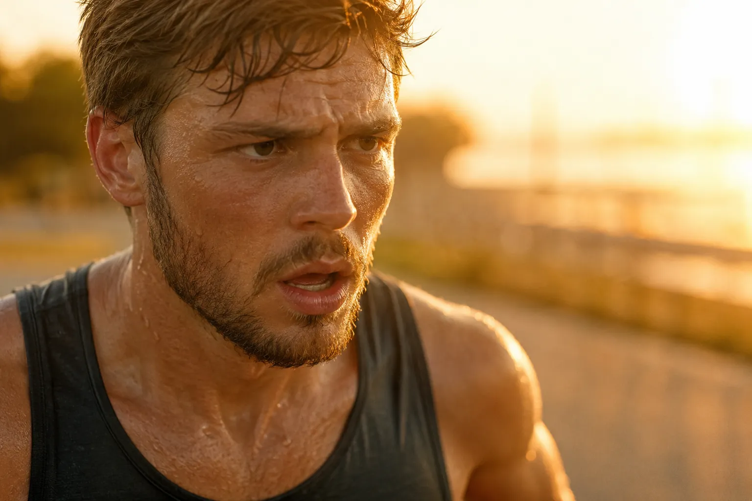 Coureur en sueur sous une forte chaleur pendant une séance d'endurance