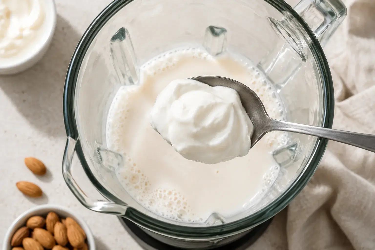 Yaourt grec blanc crémeux ajouté à la cuillère dans un blender contenant du lait d'amande, vue plongeante sur le bol transparent