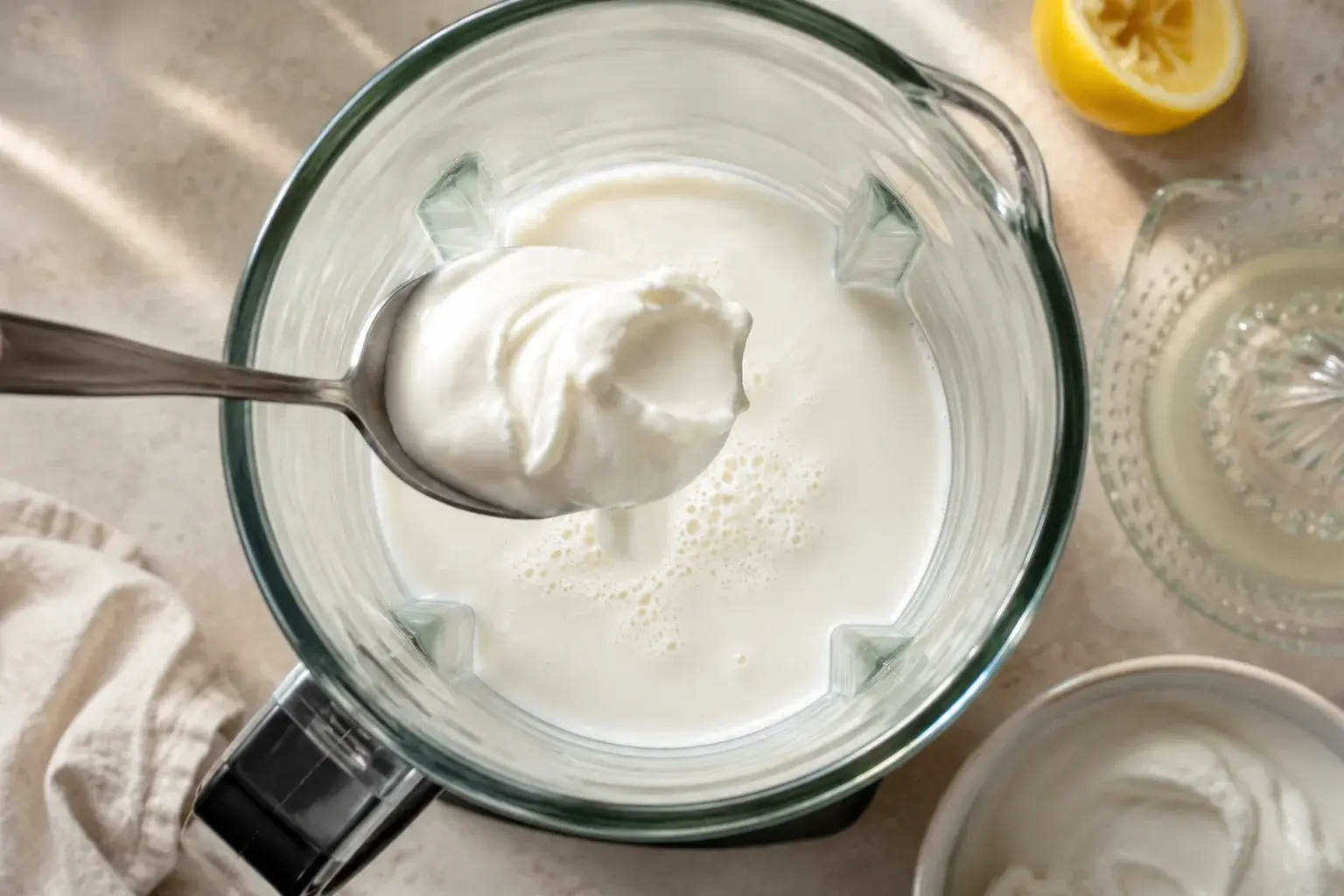 Yaourt grec blanc crémeux ajouté à la cuillère dans le bol transparent d'un blender contenant du lait, vue plongeante