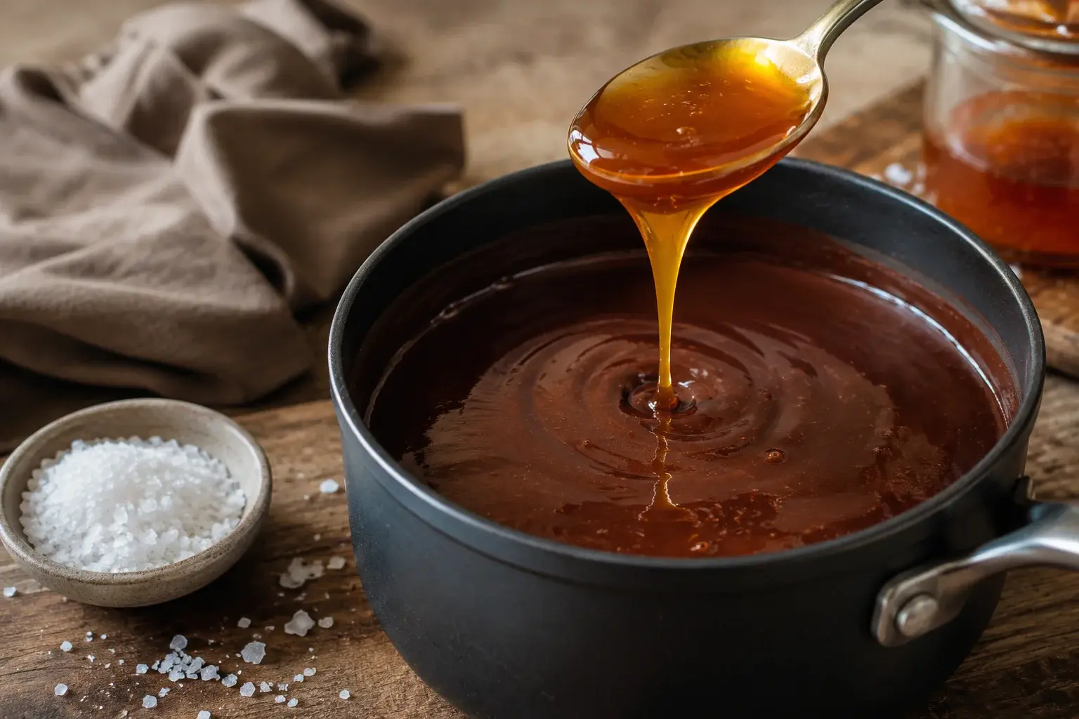 Sirop de caramel doré coulant dans une casserole de chocolat chaud brun foncé crémeux, cuillère en bois posée à côté