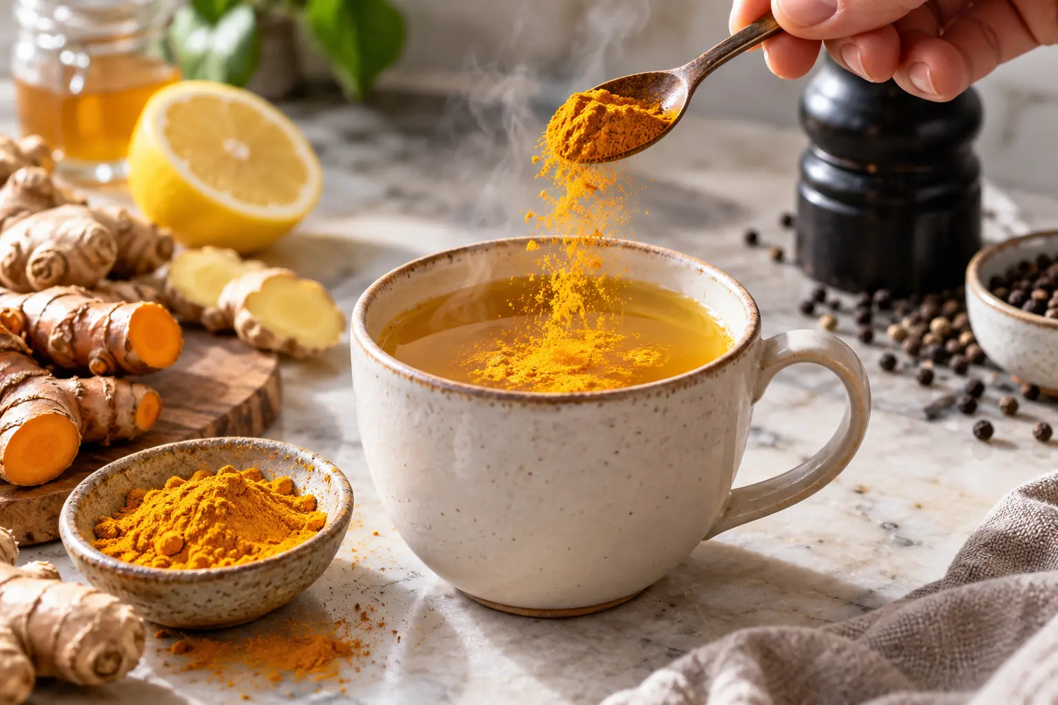 Curcuma en poudre saupoudré dans une tasse d'infusion dorée, cuillère en train de mélanger