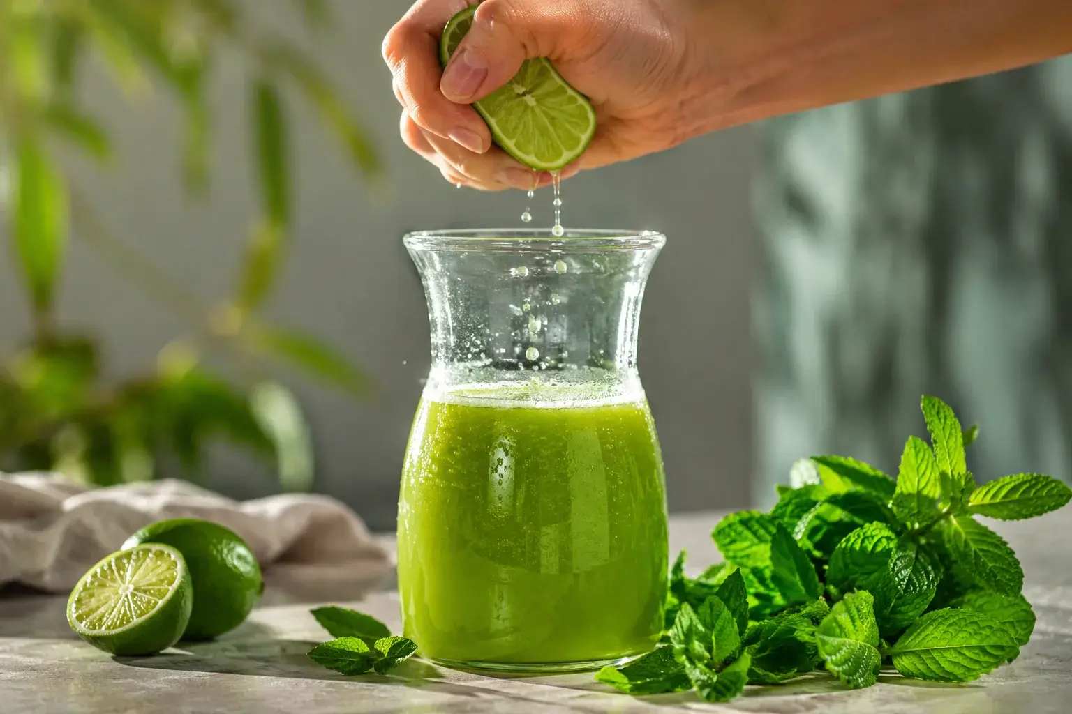 Main qui presse du jus de citron vert au-dessus d'une carafe remplie de jus vert vif, feuilles de menthe ajoutées à côté