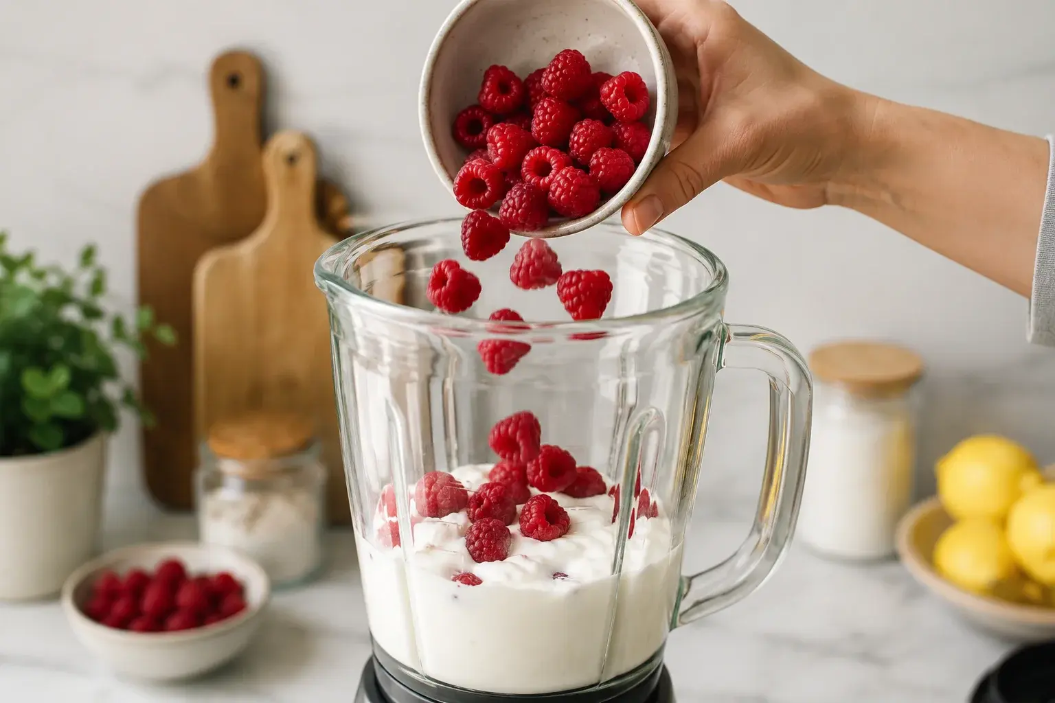 Main ajoutant des framboises dans le blender avec la base crémeuse