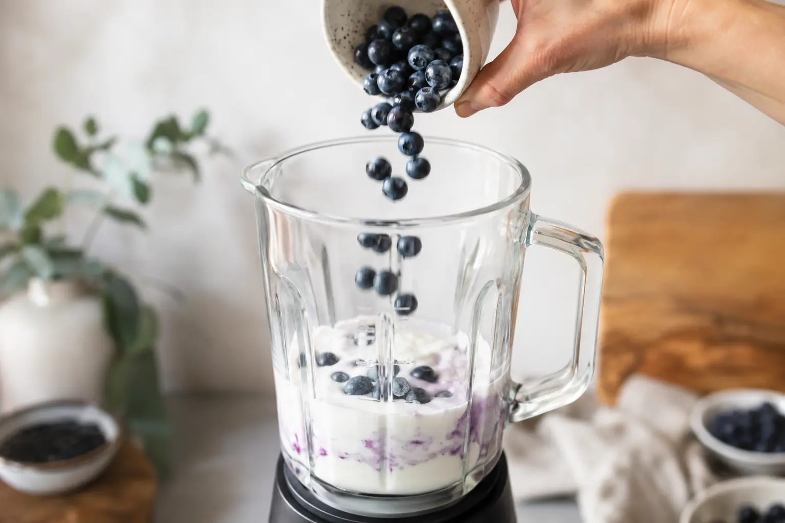 Myrtilles ajoutées dans le blender avec la base crémeuse, début du mixage donnant une couleur violette