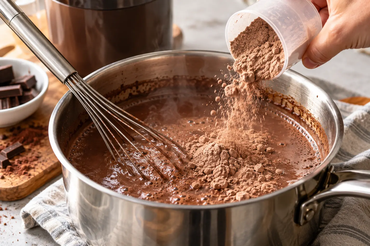 Whey protéine versée dans la casserole de chocolat chaud épicé
