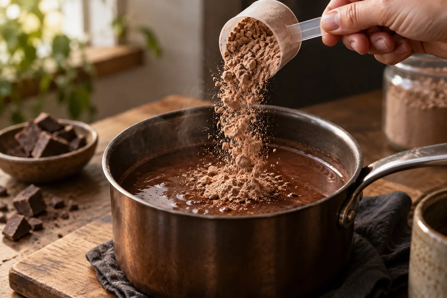 Ajout de la poudre de whey chocolat dans la casserole de chocolat chaud noisette