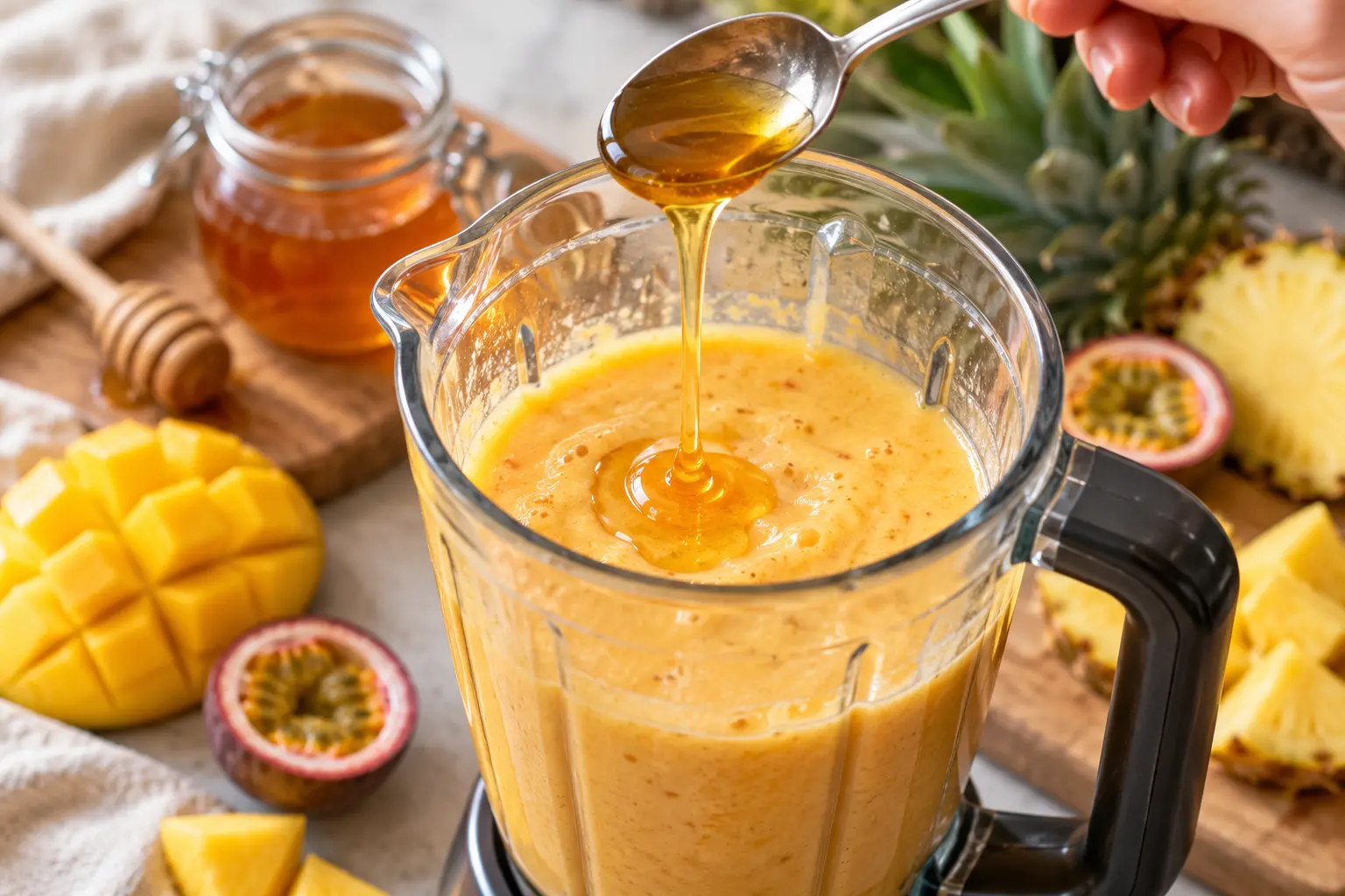 Cuillère de miel ajoutée dans le blender contenant le shake exotique