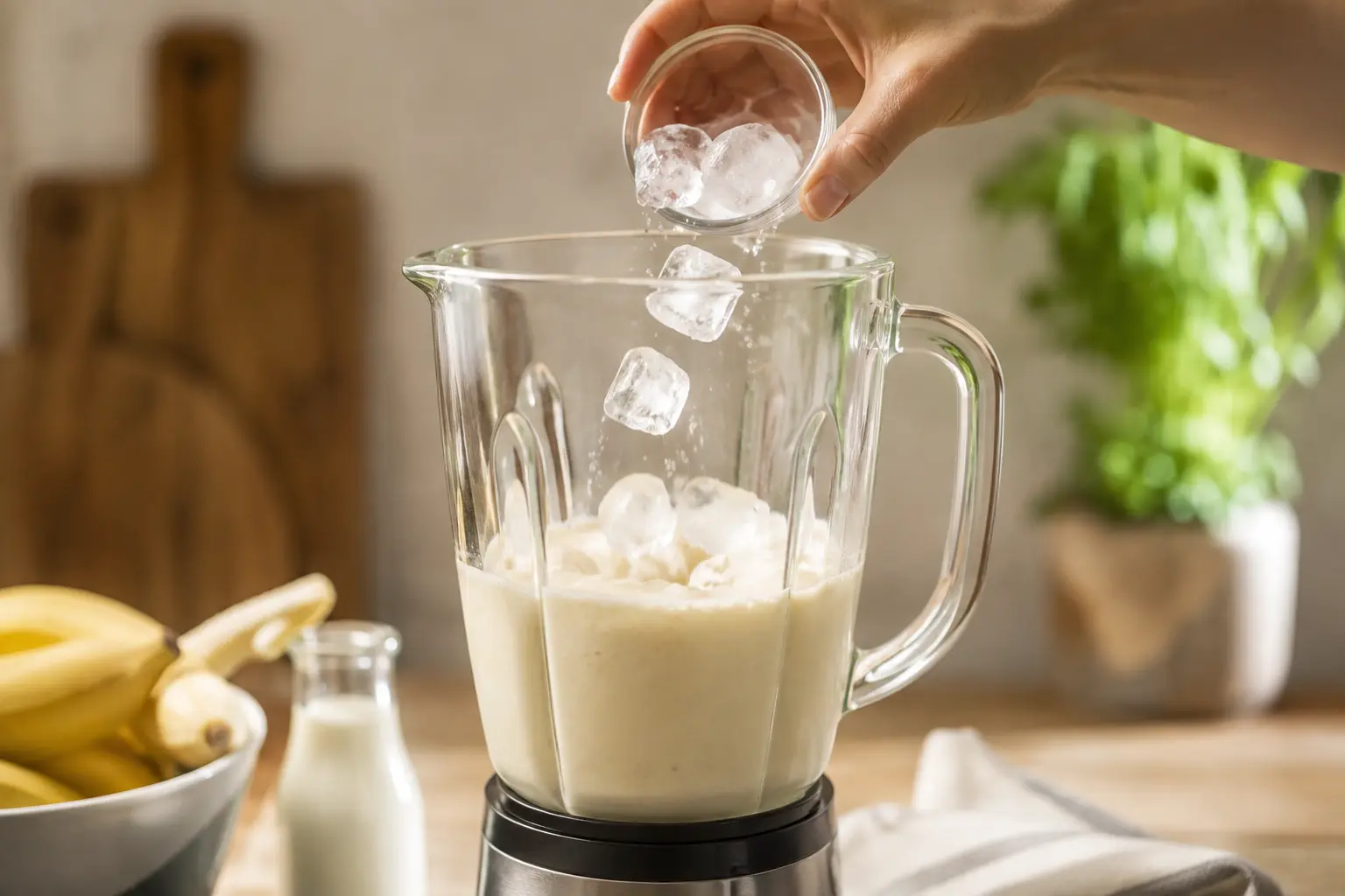 Main ajoutant des glaçons dans le blender contenant le smoothie banane-amandes