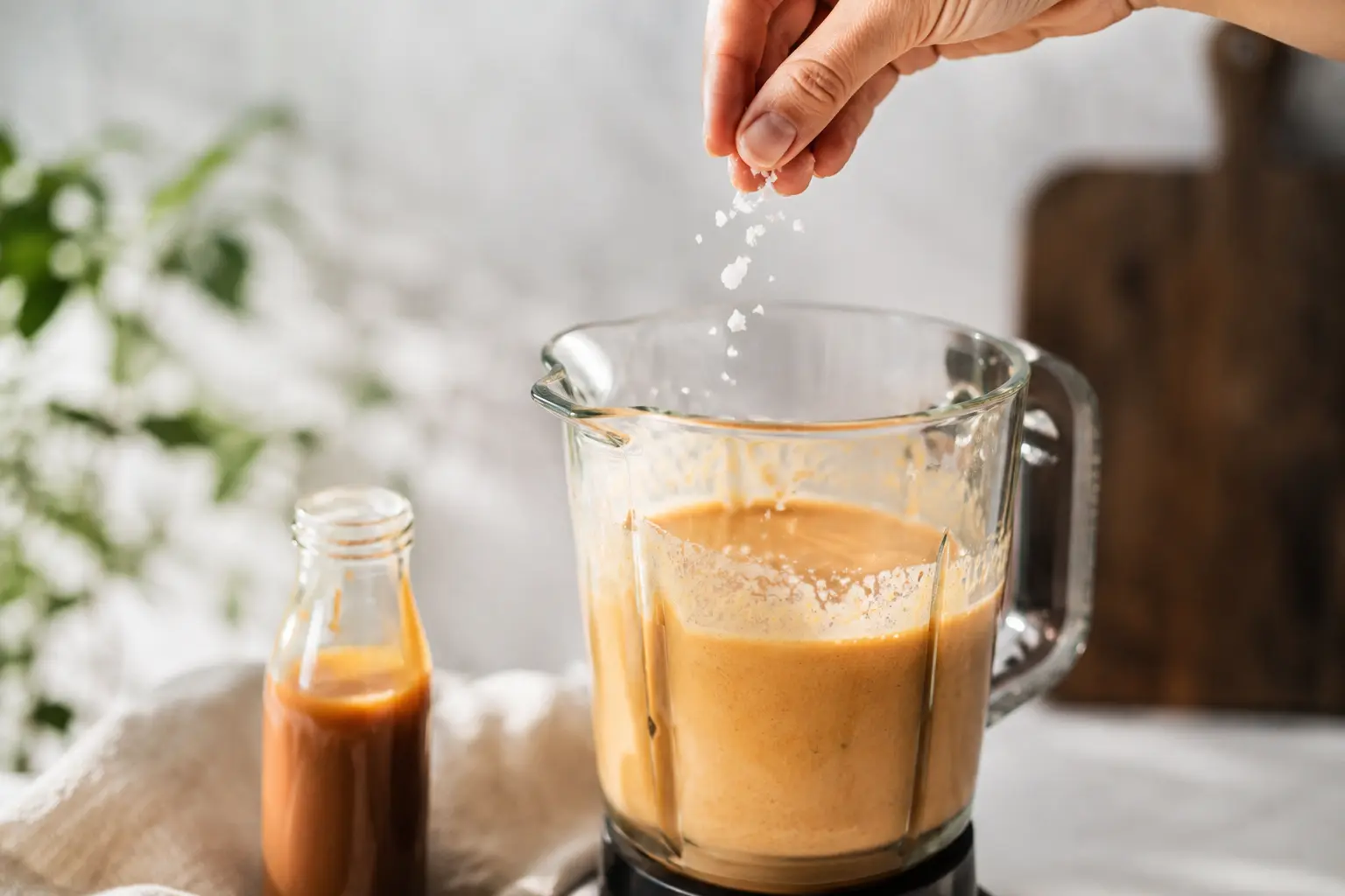 Ajout de la fleur de sel et du sirop de caramel dans le blender