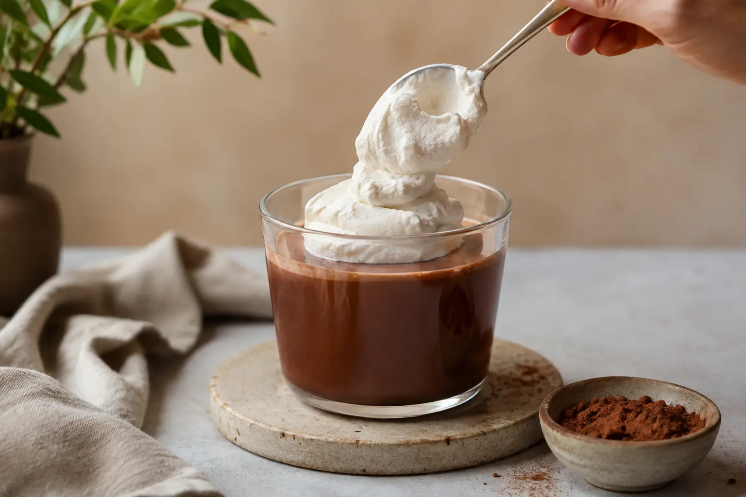 Assemblage du chocolat viennois protéiné avec le topping crémeux déposé à la cuillère