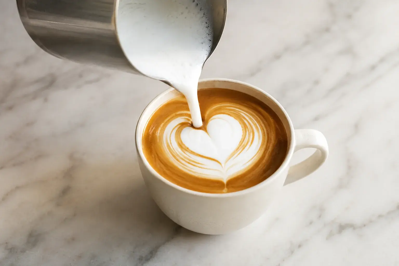 Lait blanc moussé versé en filet depuis un pichet en inox dans une tasse de café brun, motif latte art en cœur visible en surface