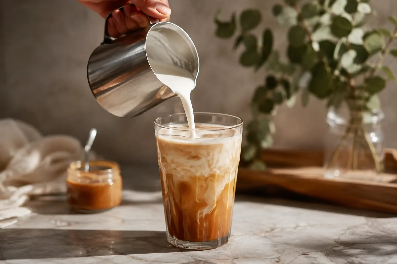 Lait moussé versé délicatement sur le café caramel dans un grand verre transparent