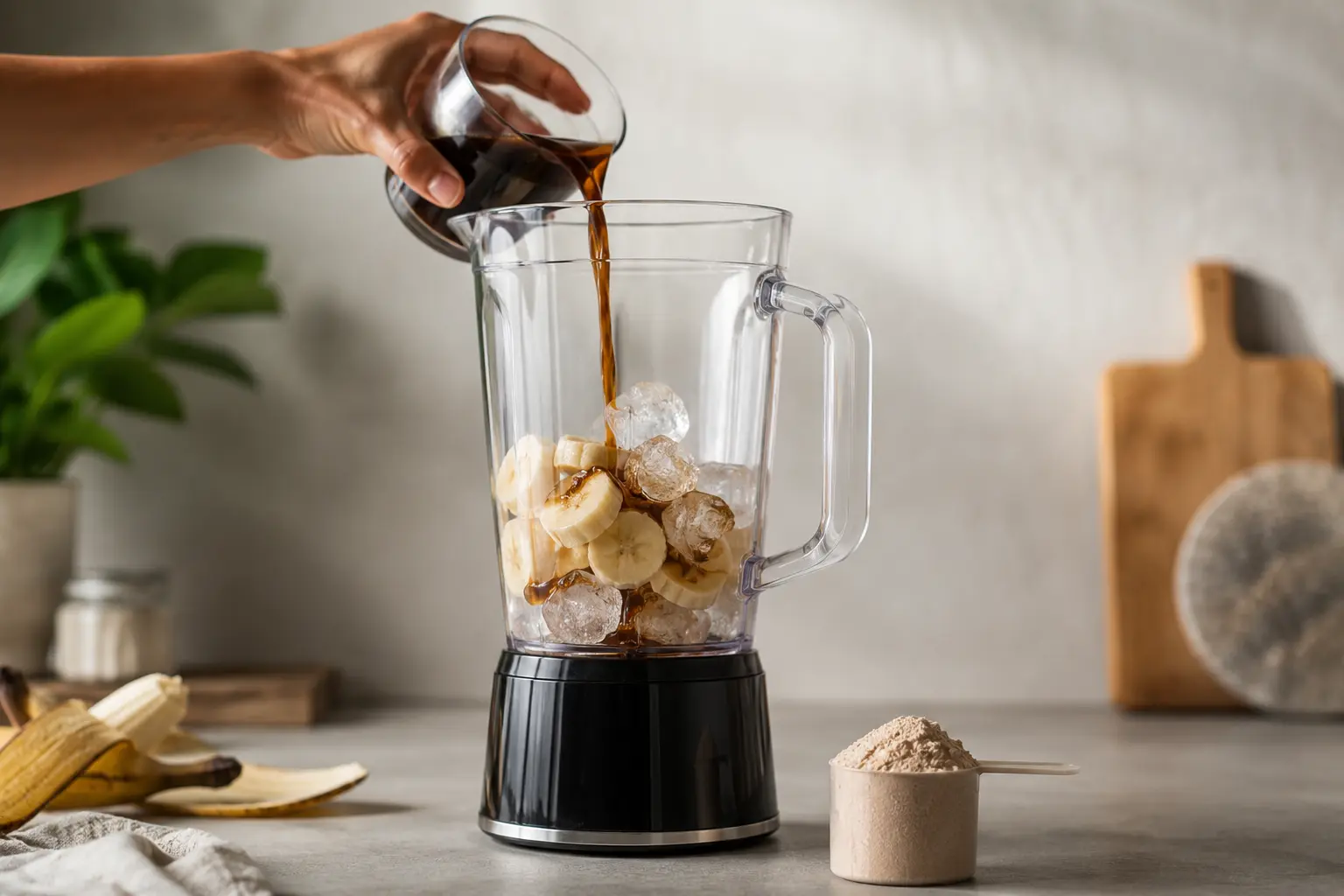 Ingrédients du shake café frappé versés dans un blender, banane congelée et glaçons visibles