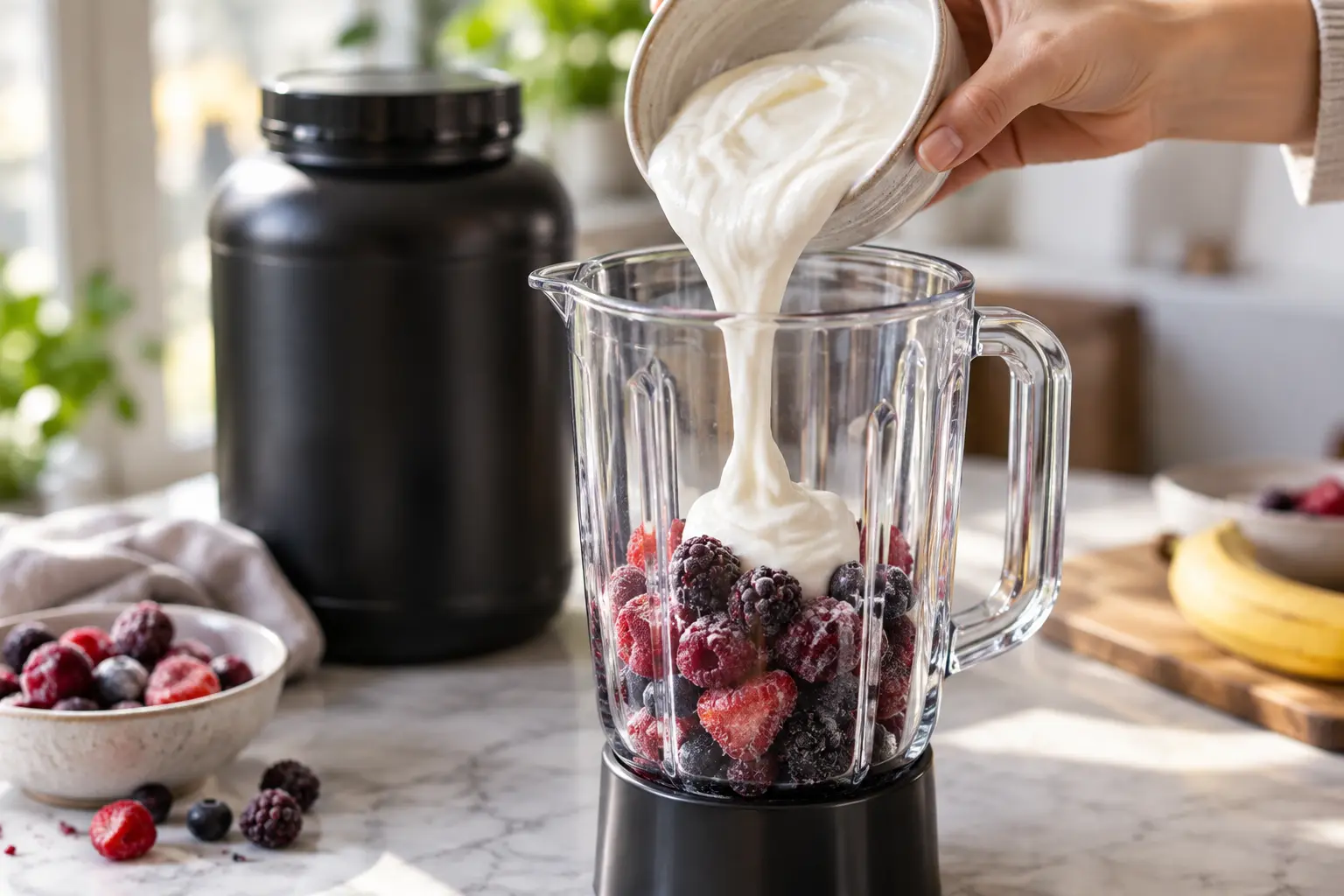 Main versant du yaourt grec et des fruits rouges dans un blender