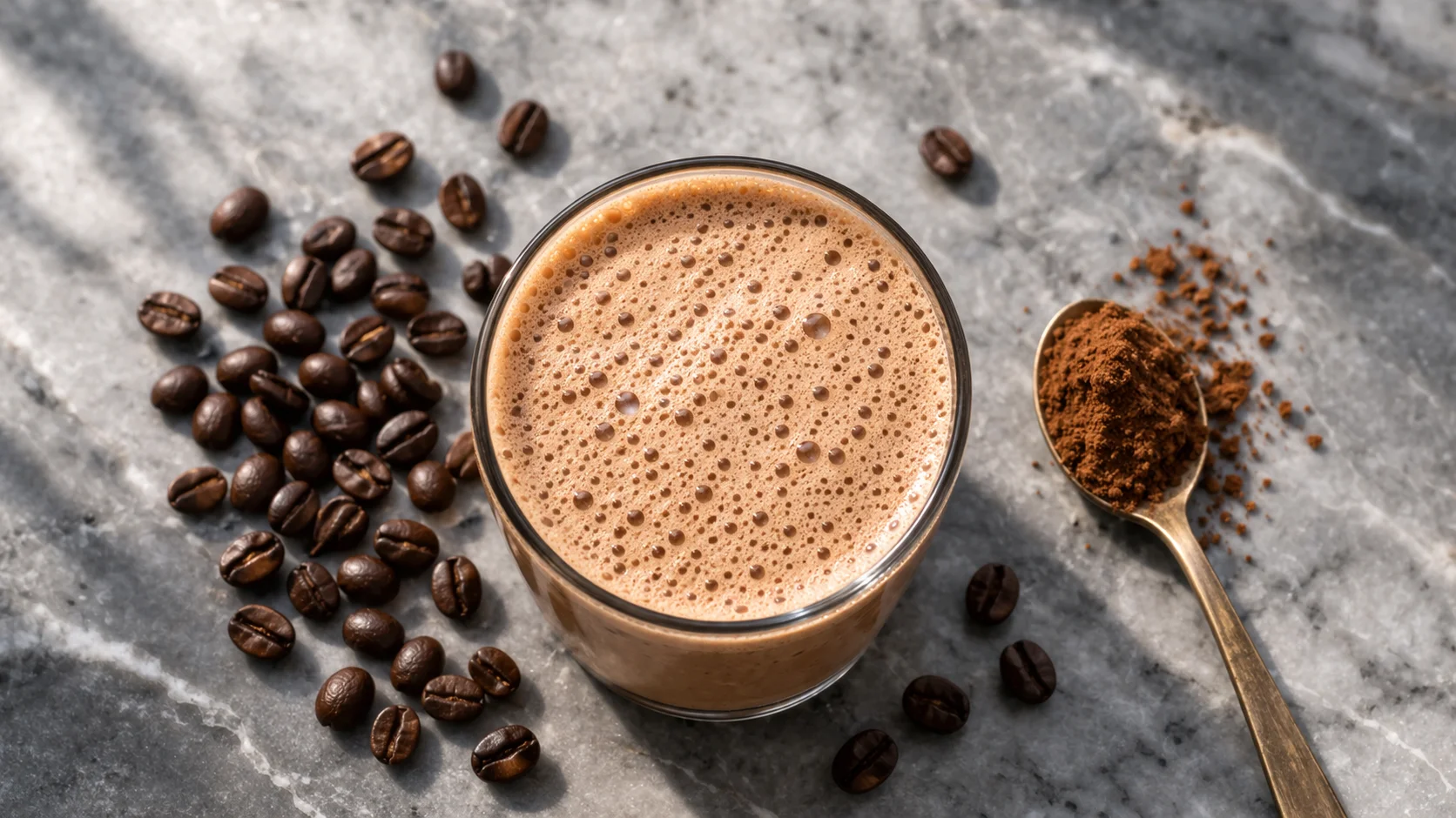 Vue de dessus de la boisson café-guarana protéinée avec poudre de guarana et grains de café disposés autour du verre