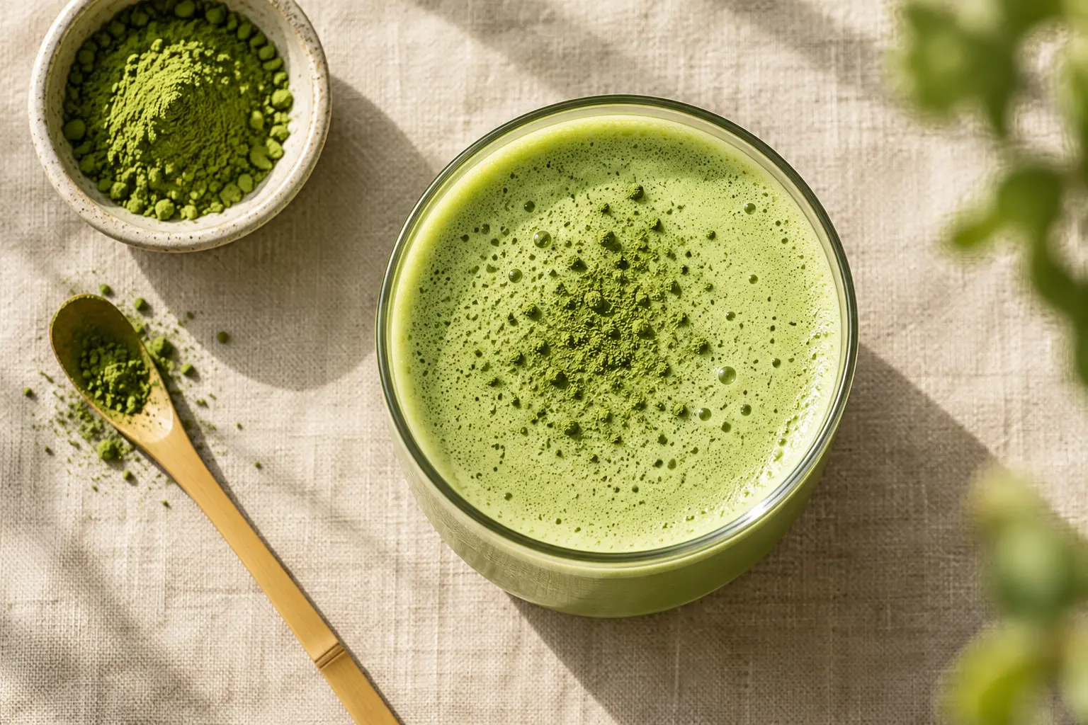 Vue rapprochée de la boisson matcha protéinée avec poudre de matcha saupoudrée