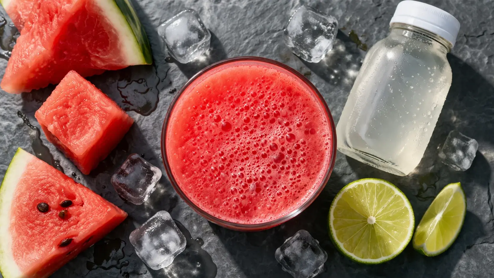 Vue de dessus d'un verre de boisson pré-workout pastèque avec des morceaux de pastèque fraîche et des glaçons visibles, sur fond d'ardoise grise avec une tranche de citron vert