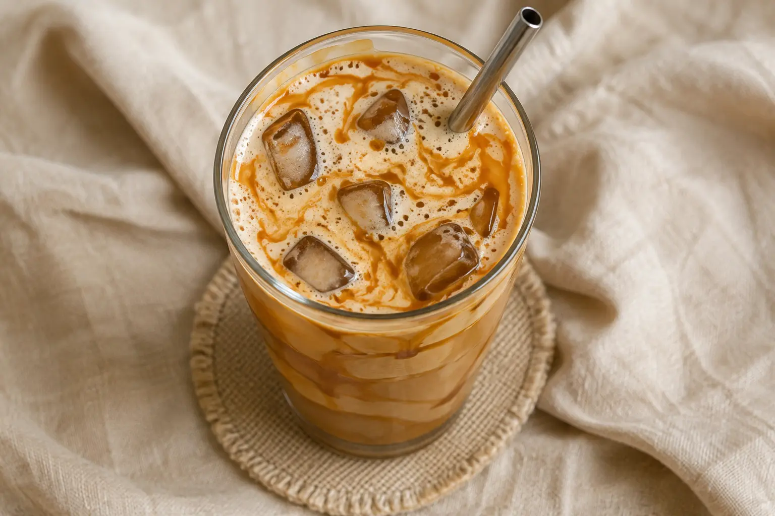 Vue du dessus d'un café glacé caramel protéiné avec mousse crémeuse et coulis de caramel