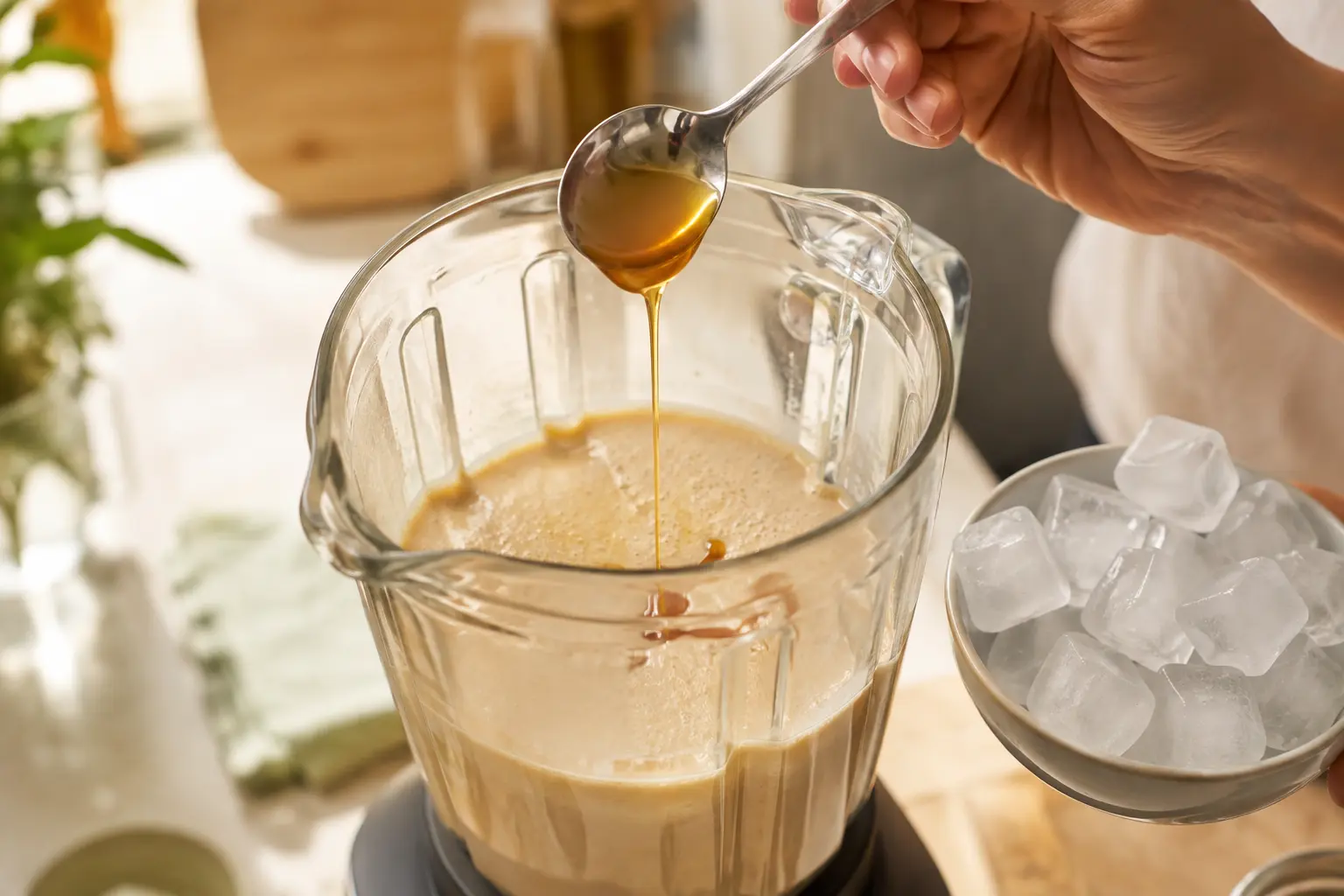 Ajout du sirop de caramel dans le blender contenant le shake protéiné en cours de préparation