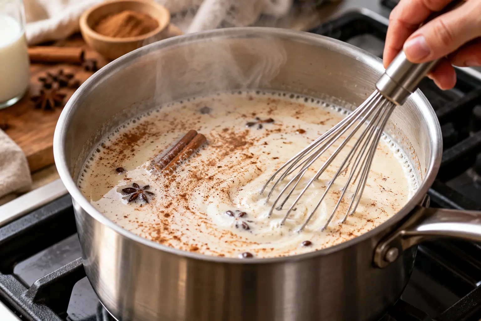 Lait chauffant dans une casserole avec les épices qui infusent