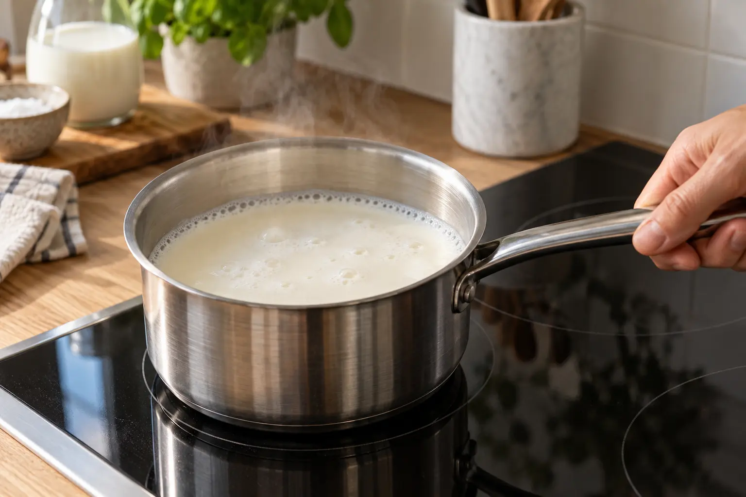 Lait qui chauffe dans une casserole avec de petites bulles sur les bords