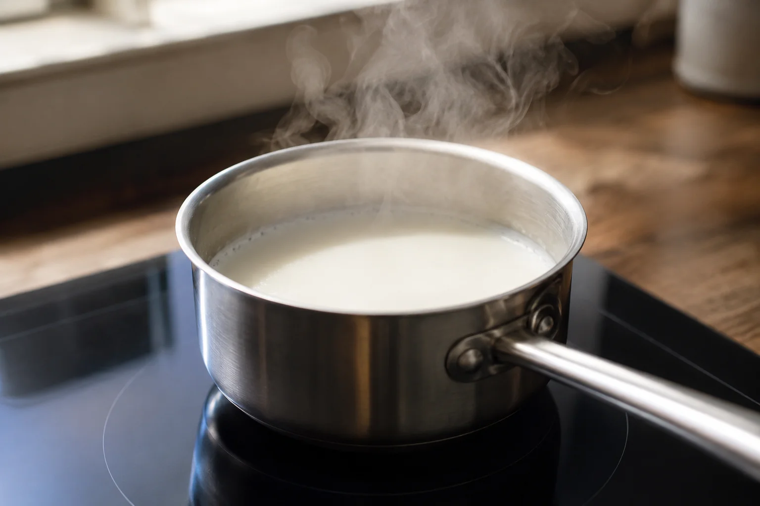 Lait blanc en train de chauffer dans une petite casserole en inox sur une plaque de cuisson, légère vapeur qui s'élève