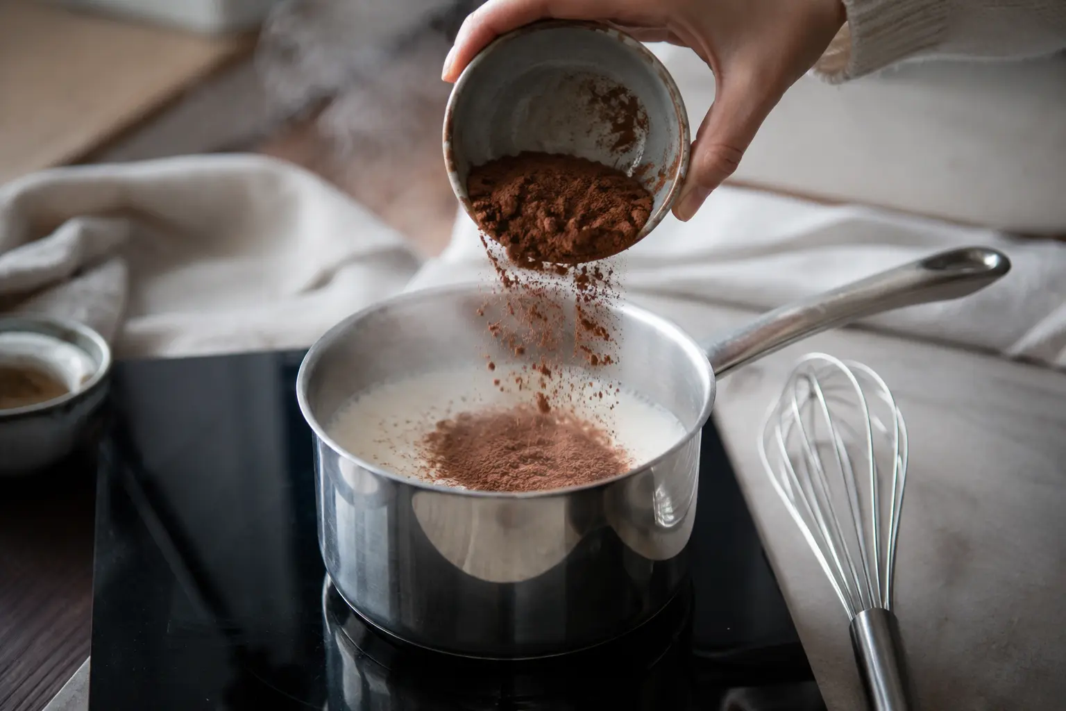 Lait en train de chauffer dans une casserole avec ajout de cacao en poudre