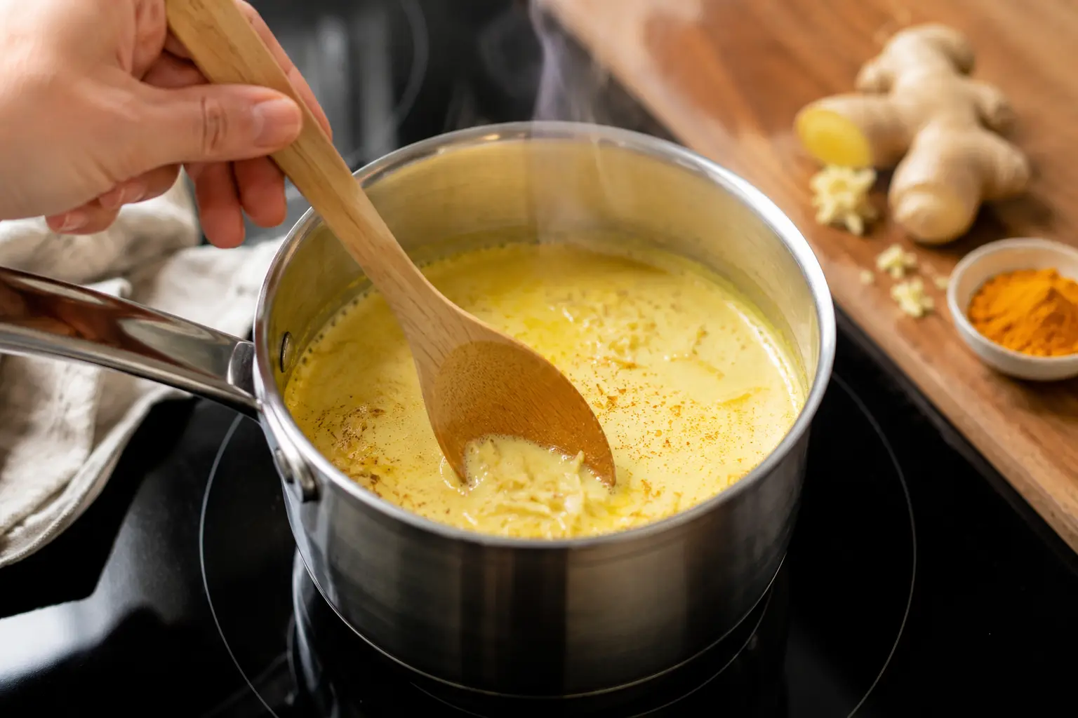 Casserole avec lait végétal et épices dorées en train de chauffer à feu moyen