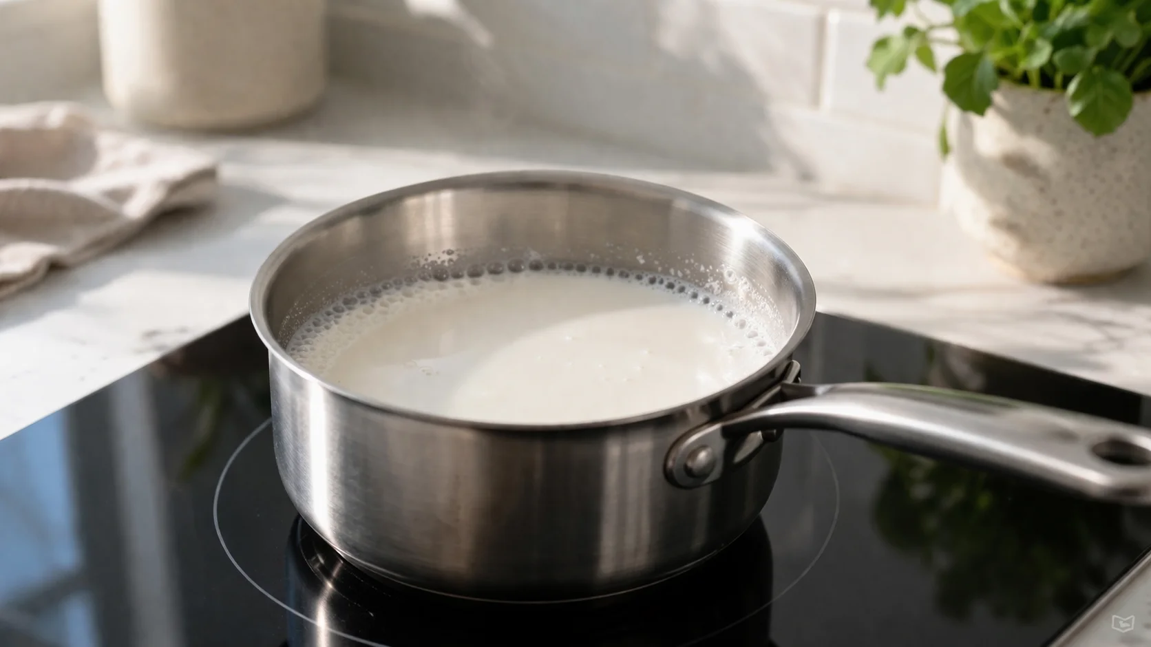 Casserole avec le mélange lait de coco et lait demi-écrémé en train de chauffer sur une plaque