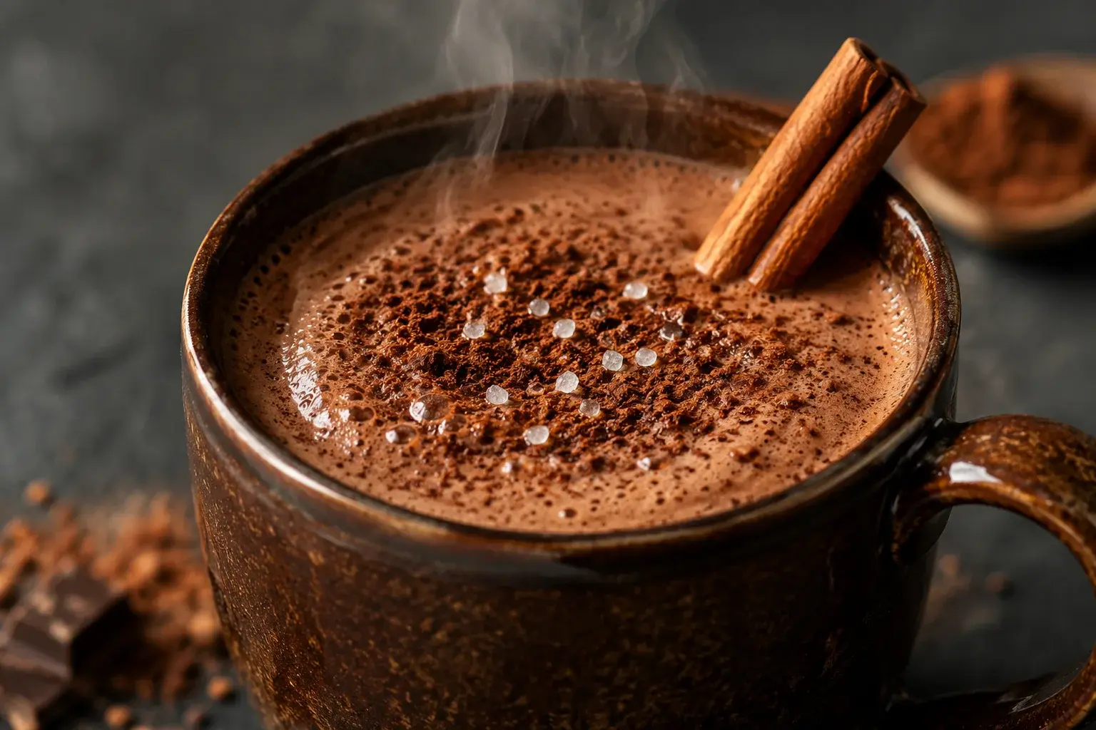 Gros plan sur un mug de chocolat chaud caramel brun profond, mousse onctueuse saupoudrée de cacao et bâton de cannelle posé sur le rebord