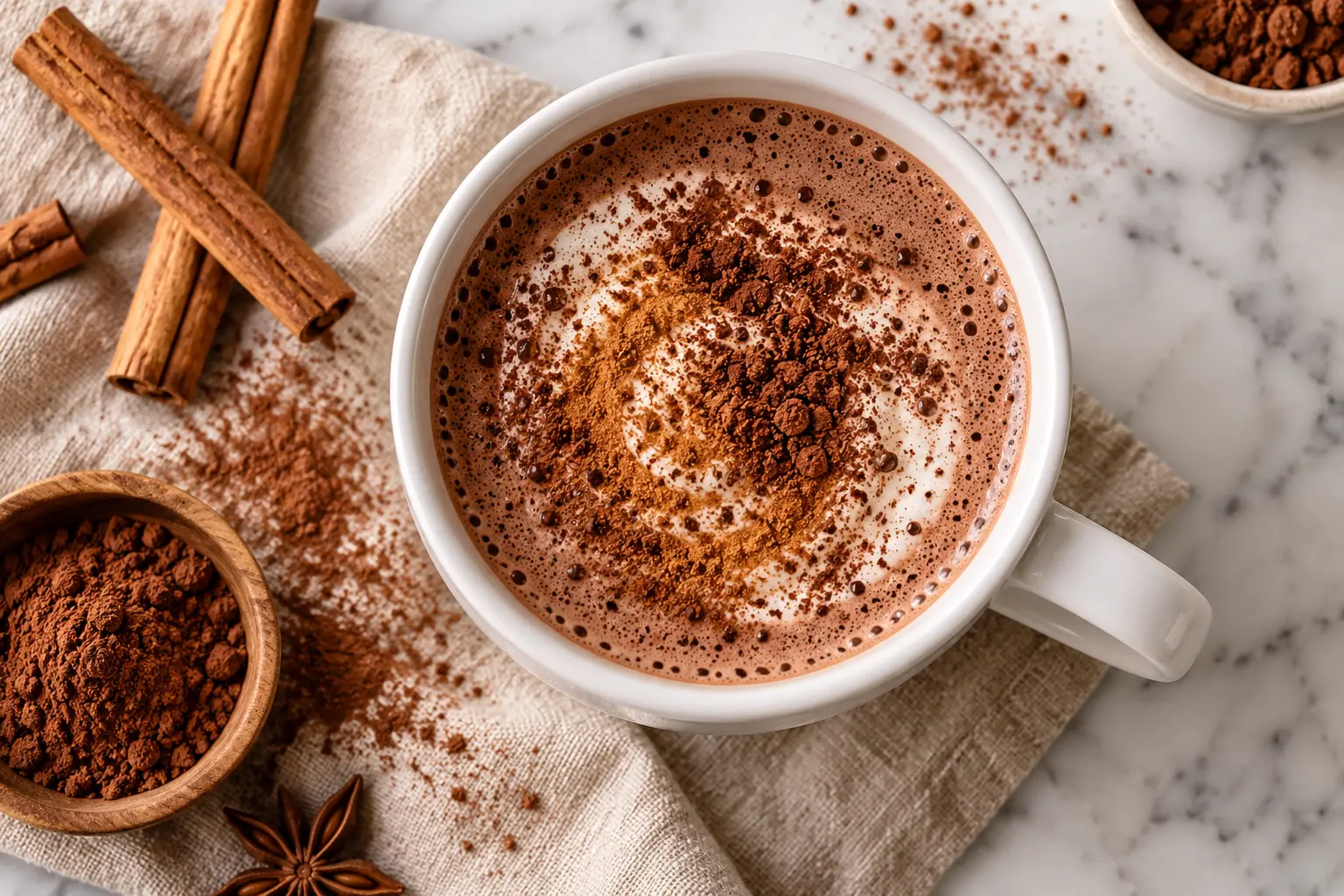Chocolat chaud épicé protéiné dans un mug en céramique avec bâton de cannelle