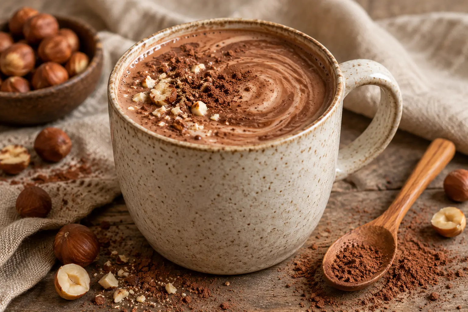 Chocolat chaud noisette protéiné dans un mug en céramique, éclats de noisettes sur le dessus