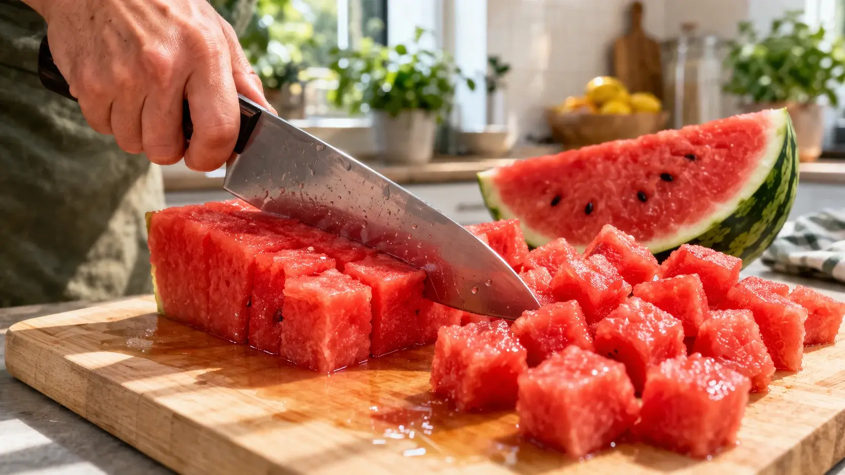 Couteau découpant des cubes de pastèque rouge vif sur une planche en bois clair, morceaux juteux bien visibles, fond naturel et lumineux