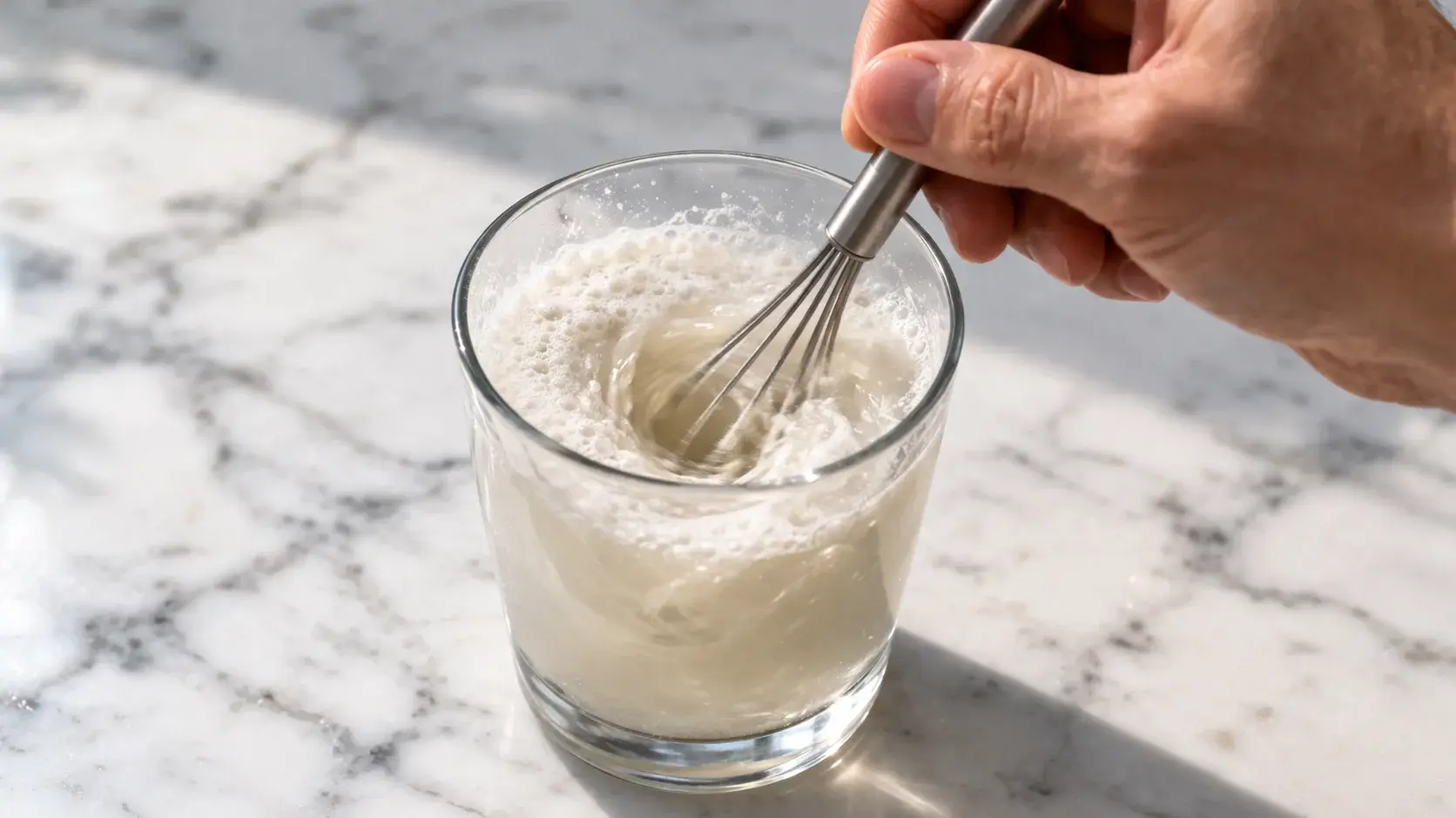 Main mélangeant de la whey en poudre dans un peu d'eau froide avec un mini-fouet dans un verre transparent, fond de marbre blanc