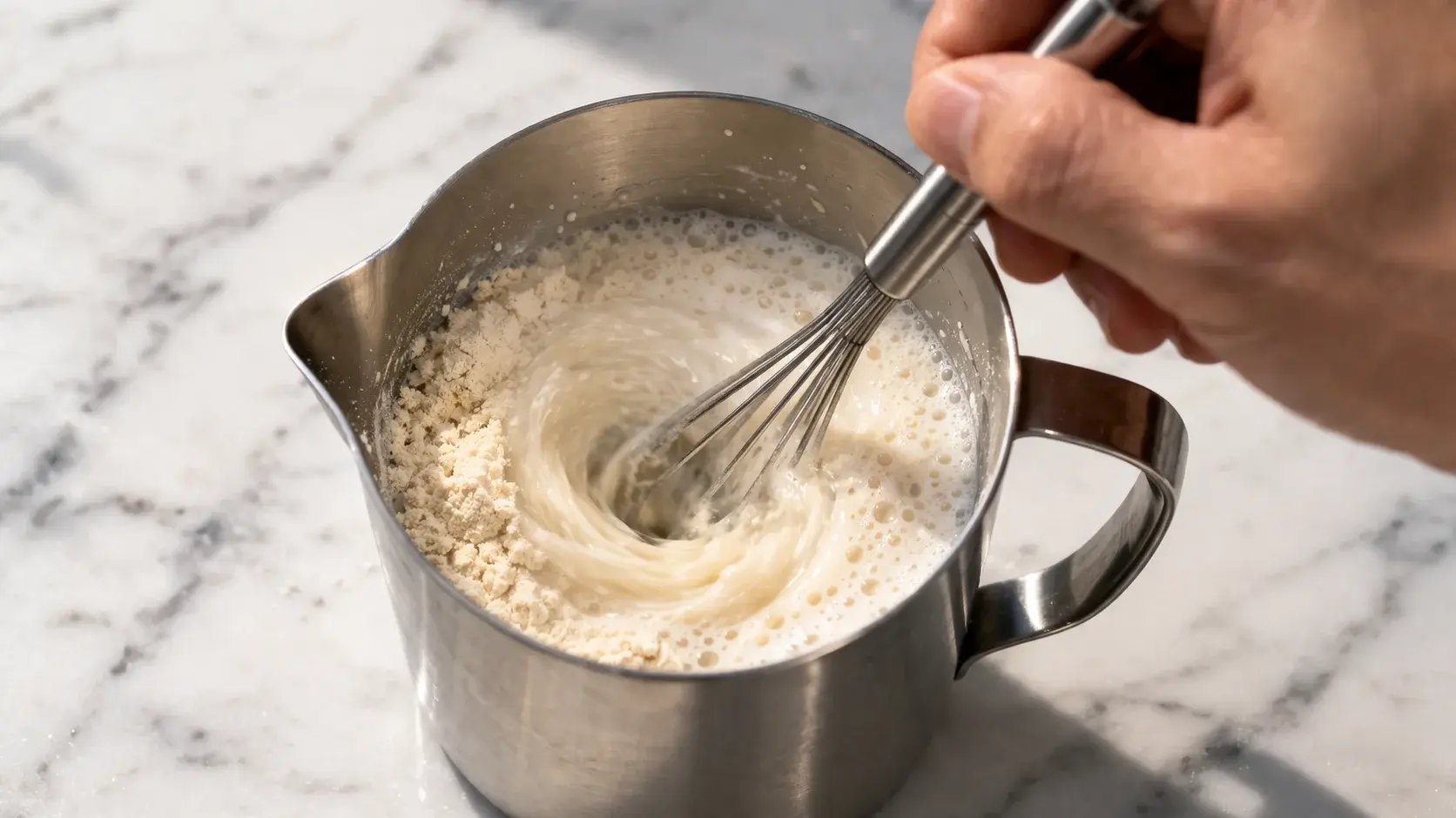 Petite cuillère mélangeant de la poudre de whey vanille dans du lait froid dans un pichet métallique, surface légèrement mousseuse, sur fond de marbre blanc