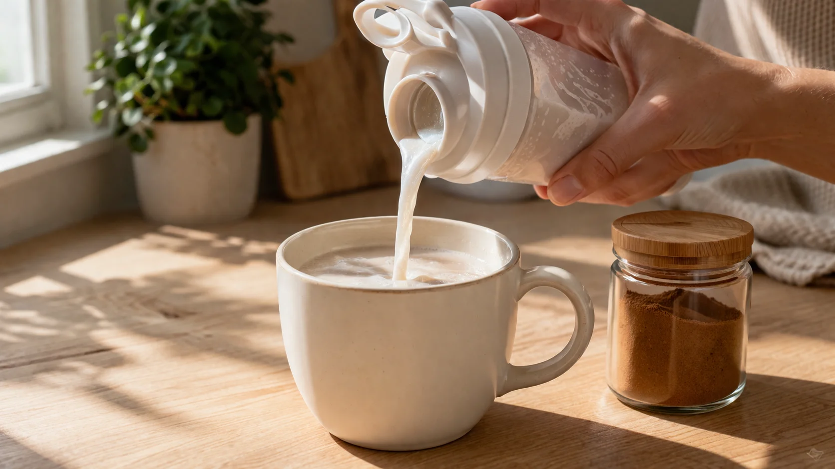 Versement du lait protéiné coco dans un grand mug en céramique, cannelle saupoudrée