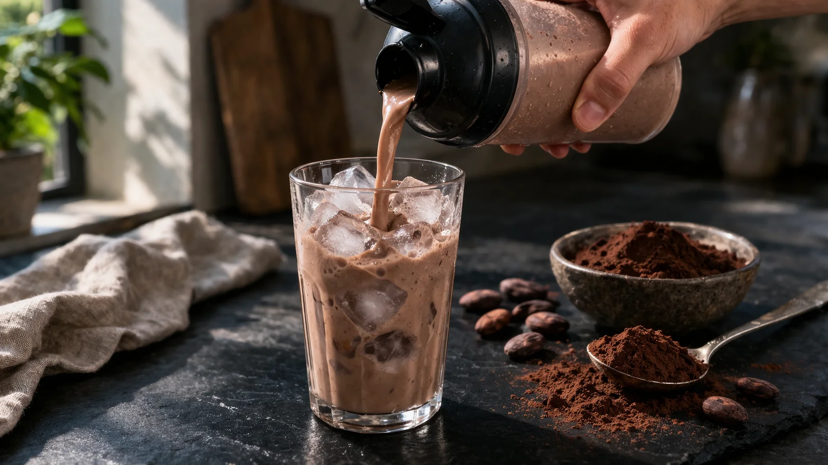 Shake moka protéiné versé dans un grand verre avec glaçons, saupoudré de cacao amer