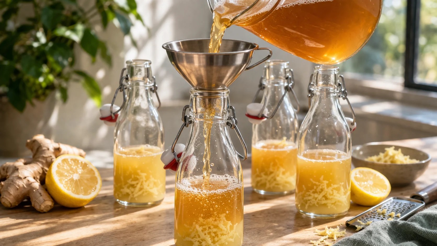Versement de kombucha dans des bouteilles Swing Top contenant du gingembre râpé et du jus de citron, sur fond de bois clair, lumière naturelle