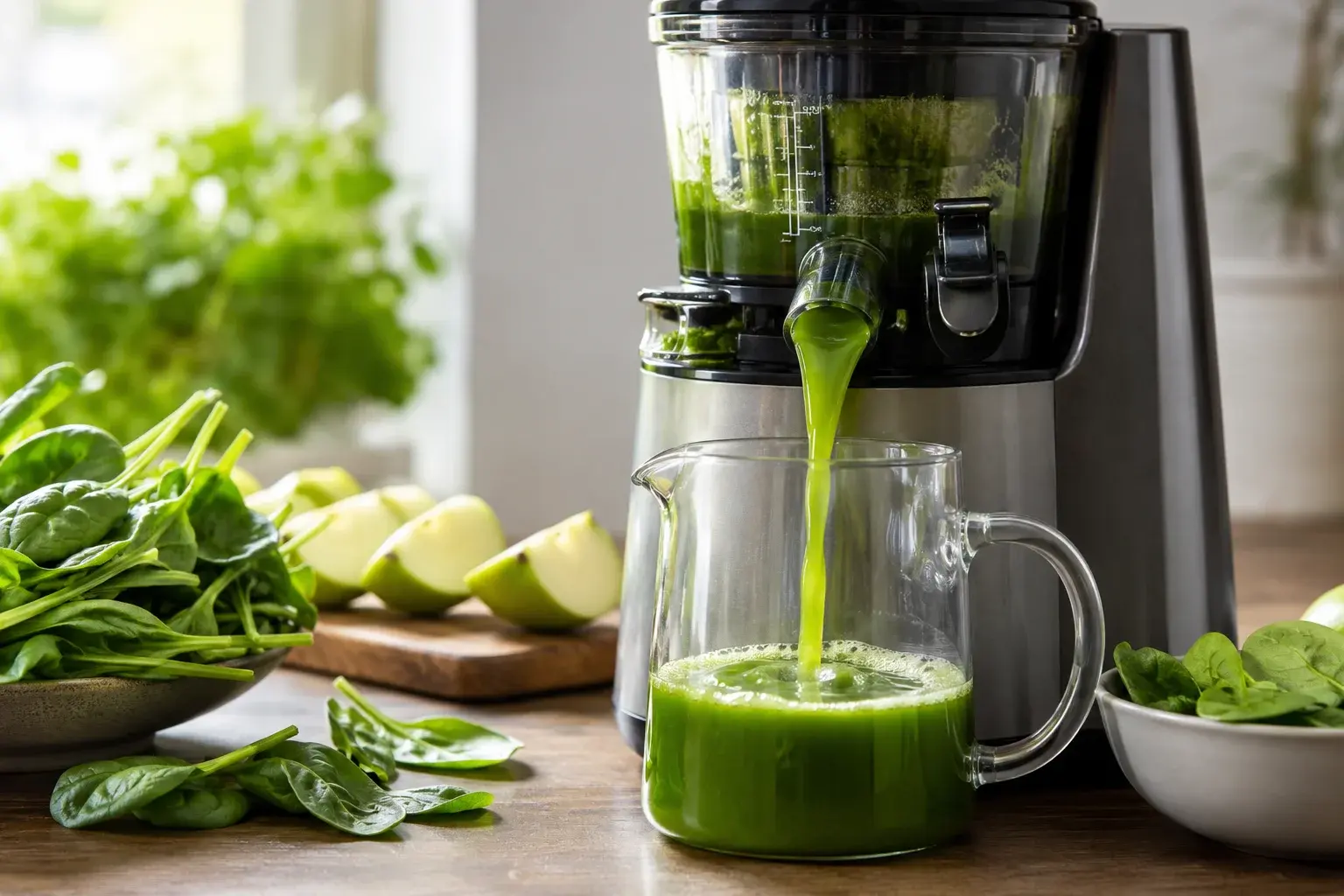 Extracteur de jus en marche avec jus vert vif coulant dans une carafe, pousses d'épinards et quartiers de pomme prêts à passer