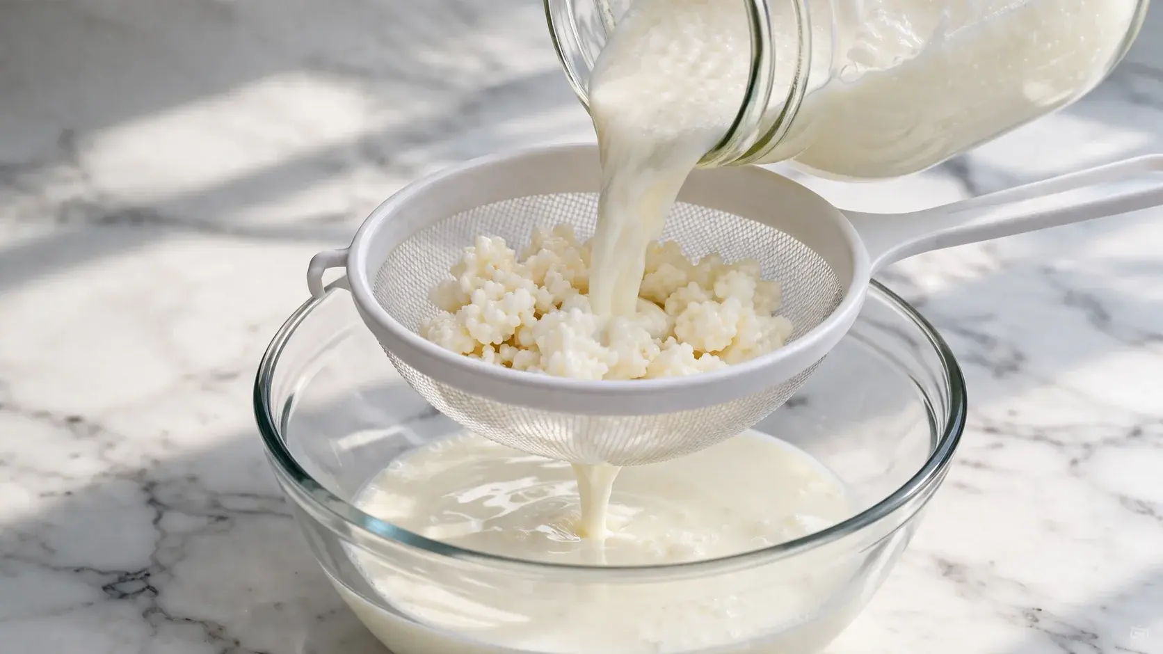 Kéfir de lait blanc et épais versé à travers une passoire fine au-dessus d'un saladier en verre, grains de kéfir jaune-blanc retenus dans la passoire, fond de marbre blanc