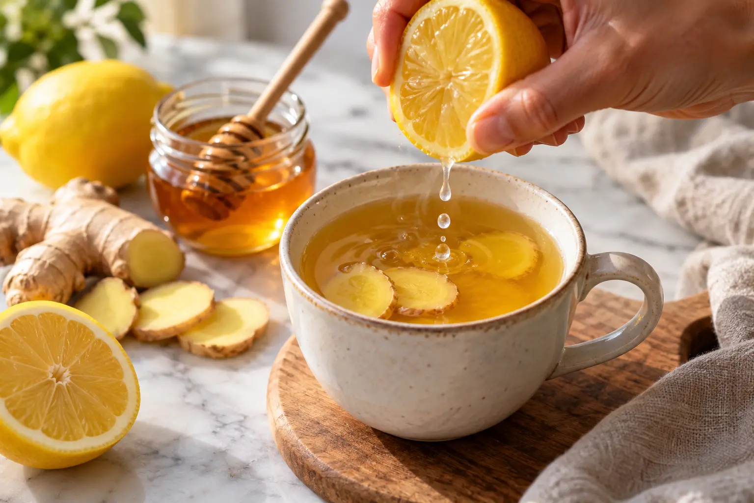 Jus de citron pressé dans une tasse d'infusion détox protéinée dorée, rondelles de gingembre visibles