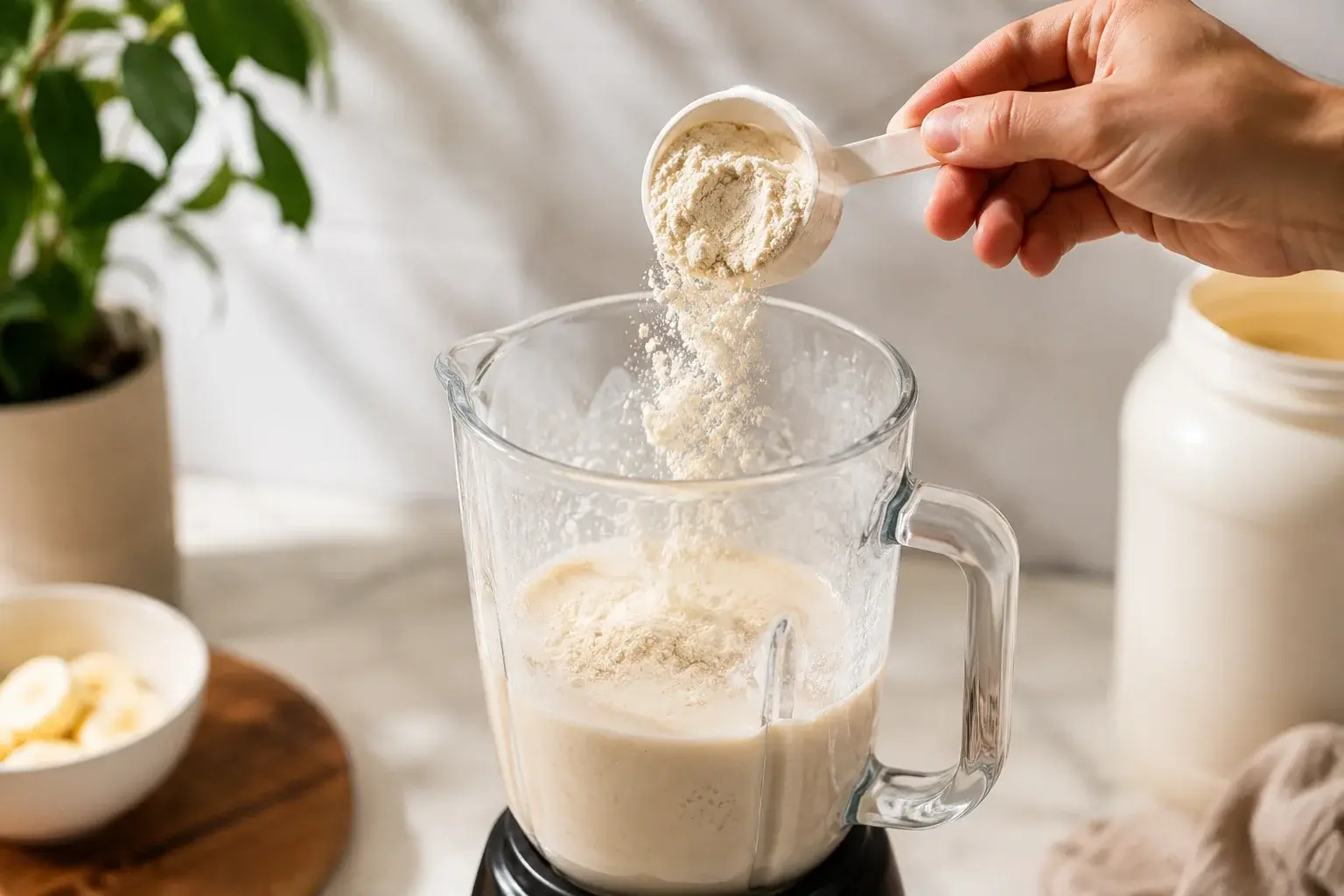 Ajout de la whey protéine dans le blender contenant le smoothie banane-dattes