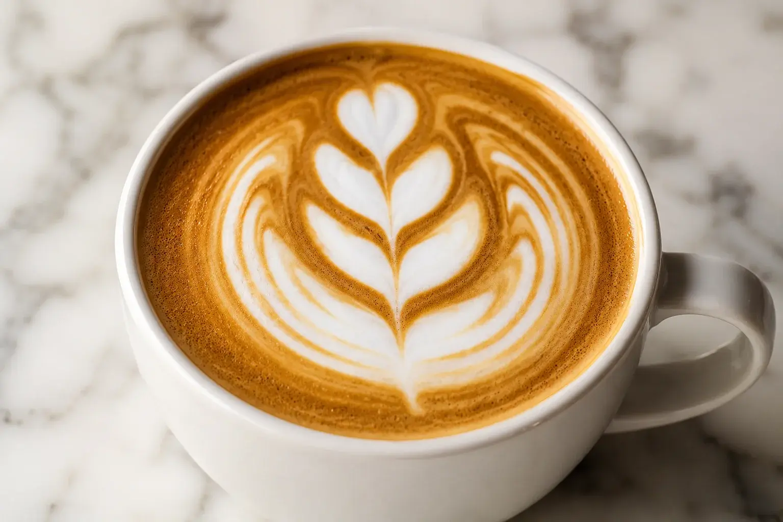 Gros plan sur un flat white dans une tasse blanche, microfoam soyeuse en surface avec dessin latte art, contraste café brun et mousse claire