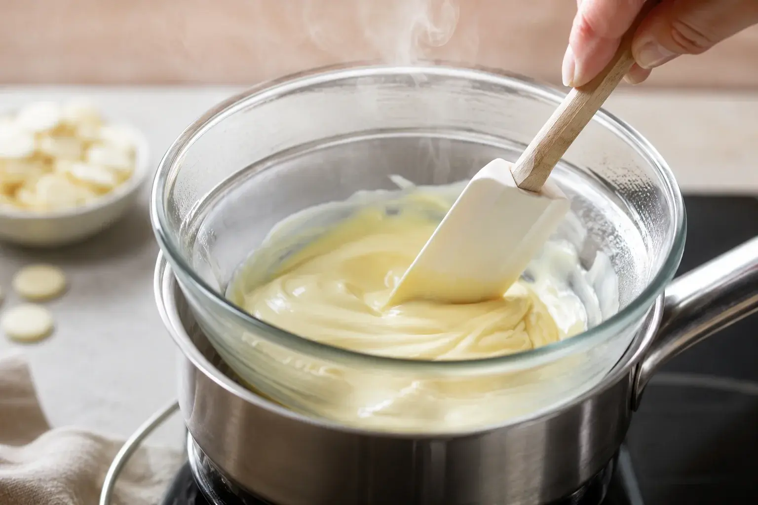 Chocolat blanc en train de fondre dans un petit bol au bain-marie