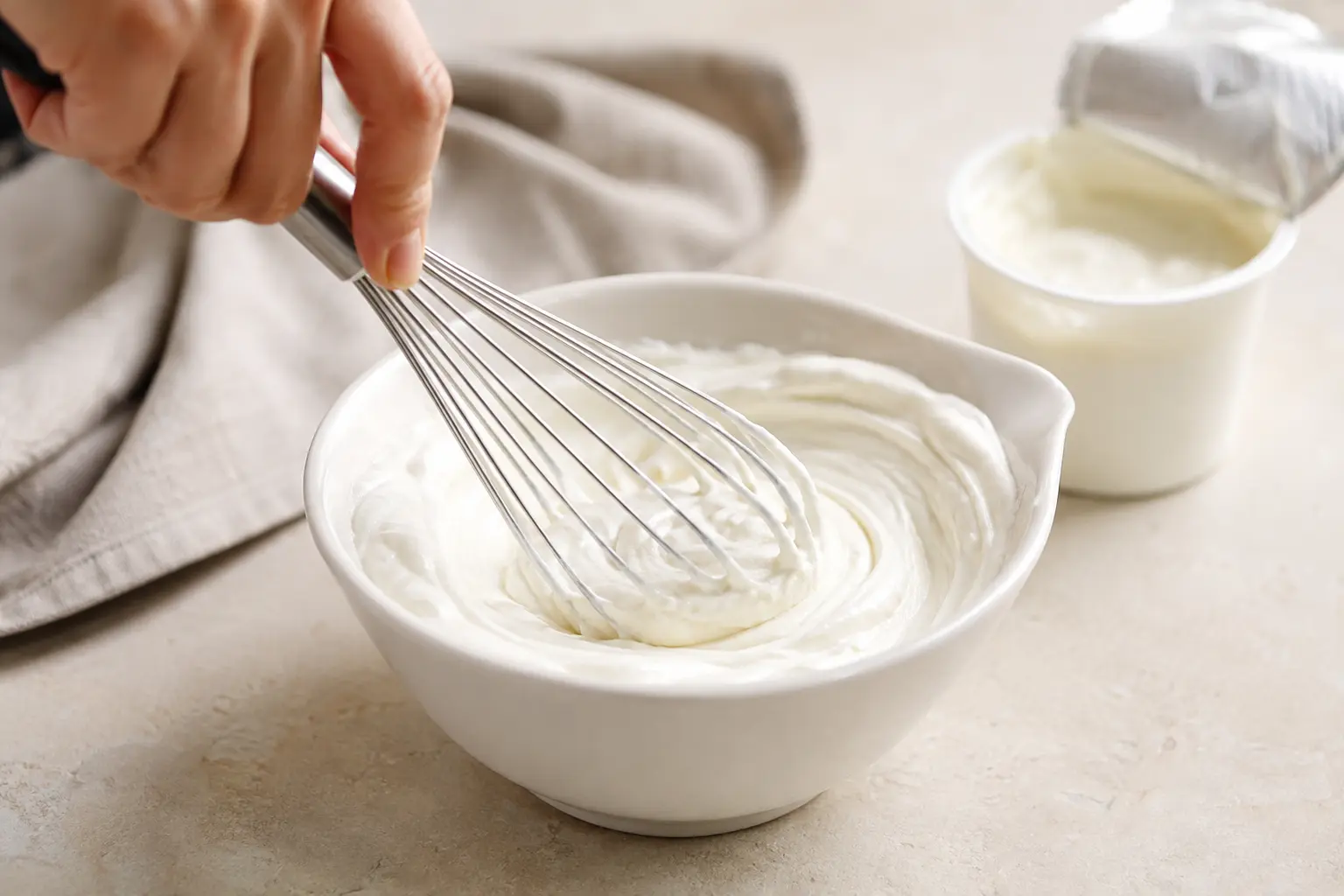 Fromage blanc 0% fouetté dans un bol avec une texture mousseuse et aérienne