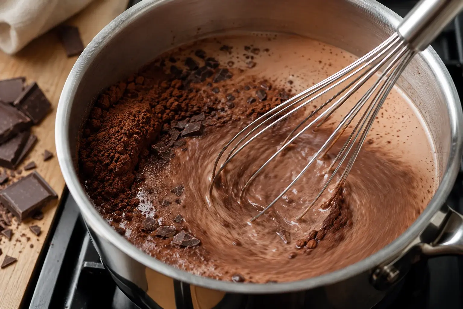 Fouet en train de mélanger du cacao en poudre brun foncé dans une casserole de lait chaud, texture qui devient progressivement brun chocolat