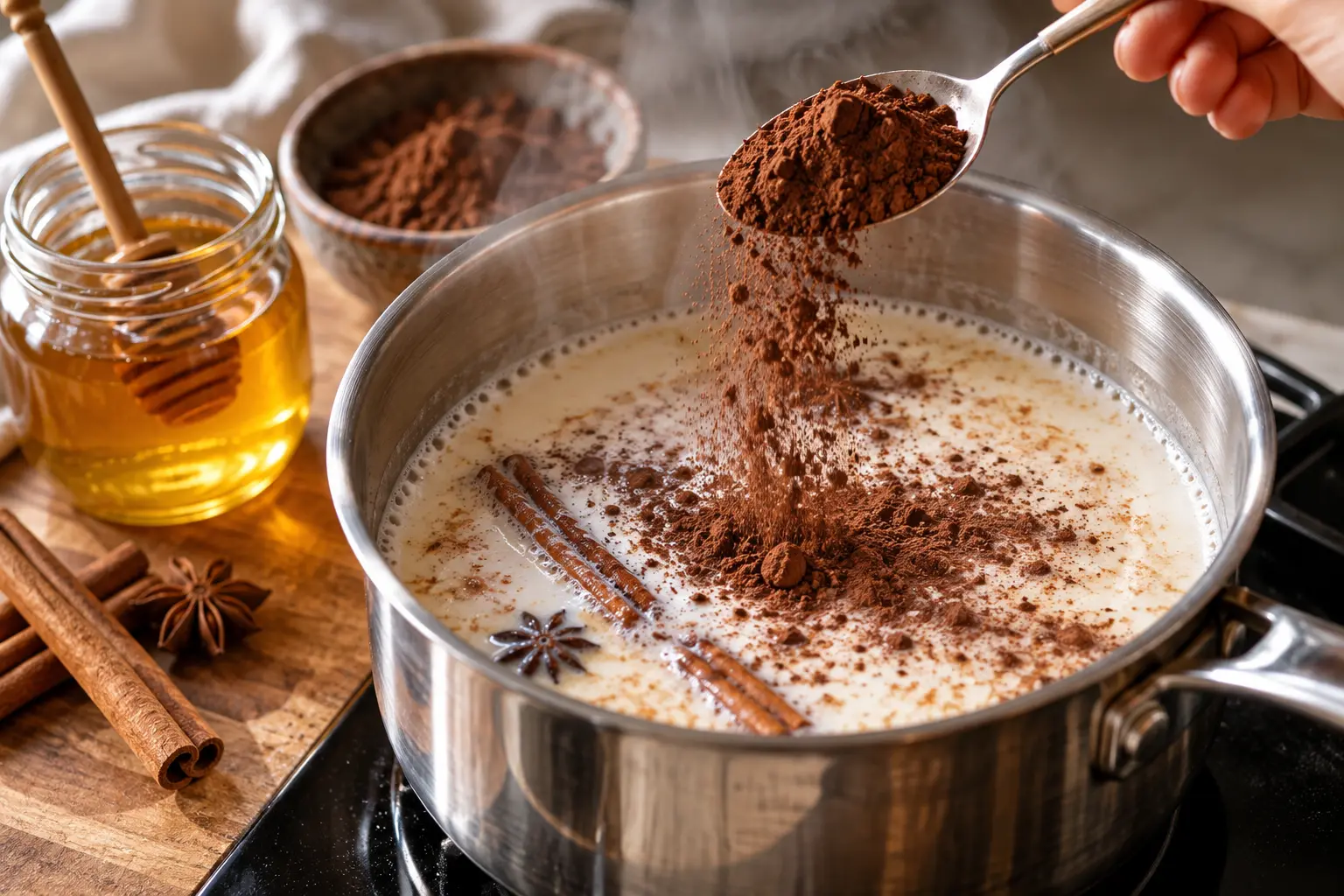 Fouet mélangeant le cacao en poudre dans le lait épicé