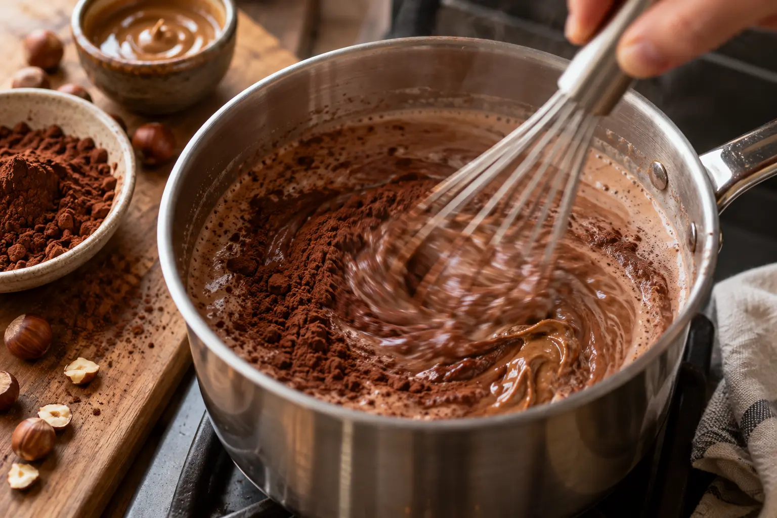 Fouet mélangeant le cacao et la purée de noisette dans le lait chaud