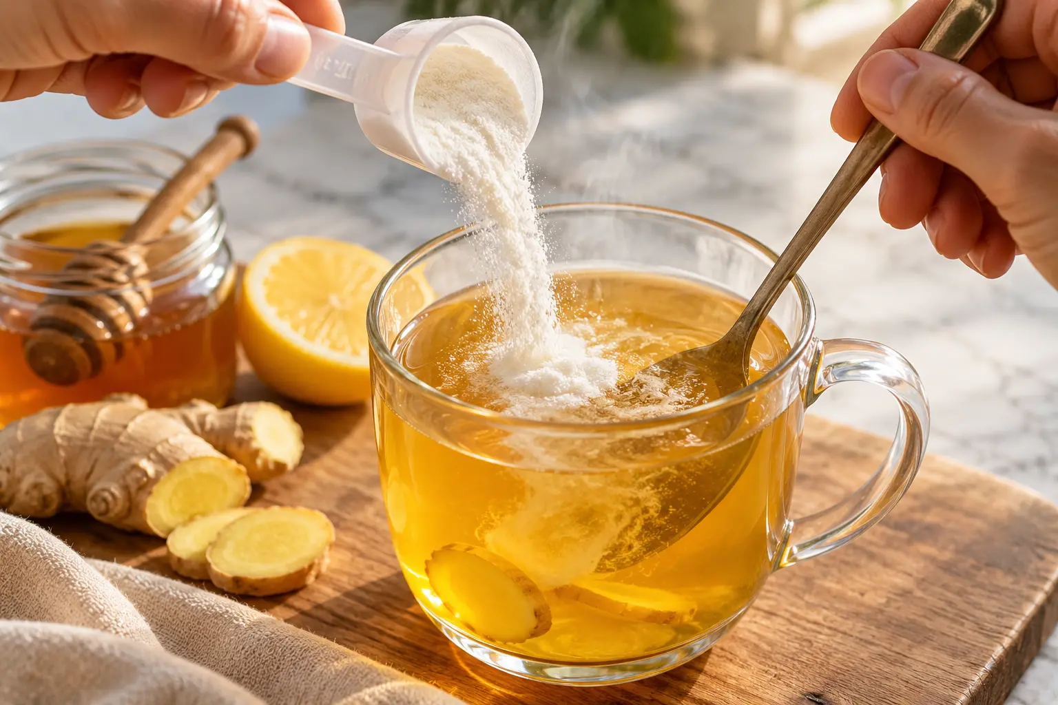 Collagène en poudre versé dans une tasse d'infusion dorée, main en train de remuer