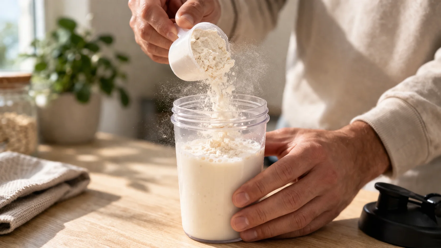 Versement de la poudre de whey dans un shaker contenant le mélange de laits chauds